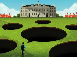 illustration of a man with backpack approaching a open green lawn with holes in the lawn shaped as thought bubbles with University Hall in the distance the the silhouette of protesters on either side of the building