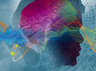 Illustration of a human head with abstract, colorful brain waves overlayed.