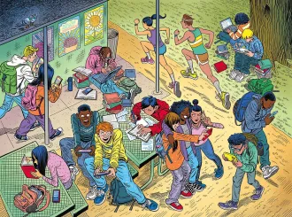 Comic illustration of hyperactive, pressured teens, many on their screens