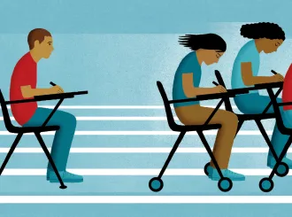 Students writing at desks on wheels, racing ahead of a stationary student at a fixed desk