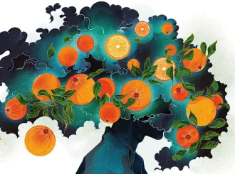 Illustration of a head in a cloud of oranges