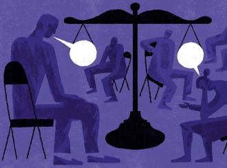 Illustration of seated people talking in a restorative justice circle