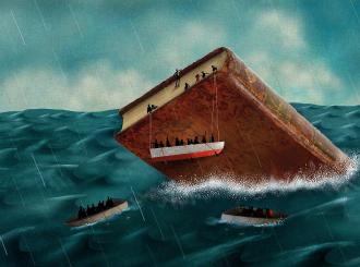 Illustration of book like a sinking ship, emblematic of problems in the humanities