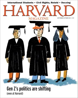 Illustration of three graduates, one wearing a red "MAGA" hat beneath their graduation cap.  Cover lines from top: International Students, Civil Rights, Retold, Doxxing. Harvard Magazine, September-October 2025- $7.99. Gen Z's politics are shifting (even at Harvard) 