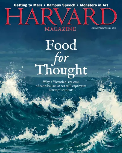 Cover of Harvard Magazine featuring turbulent ocean waves and the text "Food for Thought."