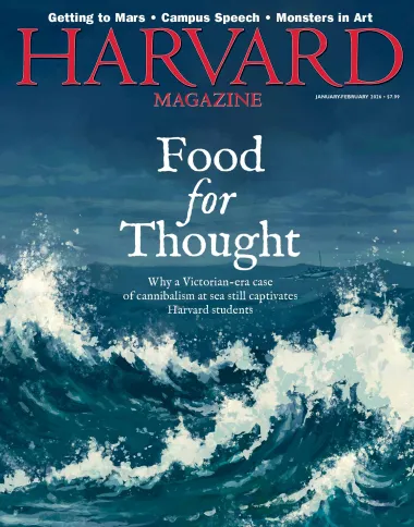 Cover of Harvard Magazine featuring turbulent ocean waves and the text "Food for Thought."