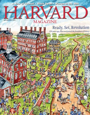 Colorful illustration of a historical scene outside Harvard University, people gathering for a celebration.