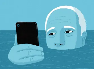 Blue-tinted illustration of a man holding his head and his smartphone above water.