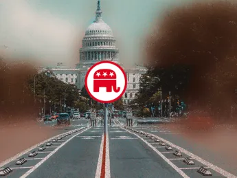 Montage depicting a road leading to the capitol with a street sign with the republican party symbol