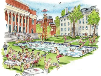 Illustration of Harvard Yard with Widener Library and University Hal. Between the two buildings there is a swimming pool and people enjoying the pool.