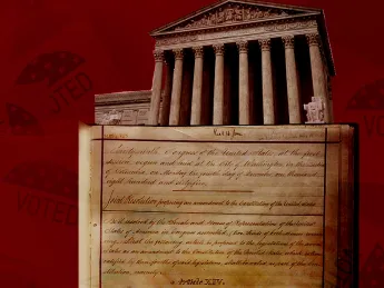 Supreme Court atop 14th amendment with voting stickers in background