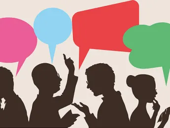 Illustration of people talking to each other with colorful thought bubbles above their heads