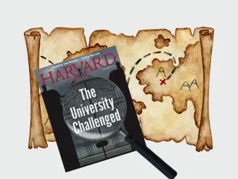Harvard Magazine March-April cover with a magnifying glass and a map 