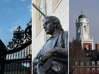 Harvard gates, John Harvard statue, Harvard building