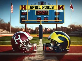 April fools graphic depicting a game with Harvard Against Michigan