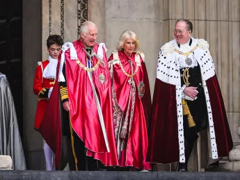 Majesties King Charles III and Queen Camilla, together with the Lord Mayor, exit St Paul's Cathedral after the service.