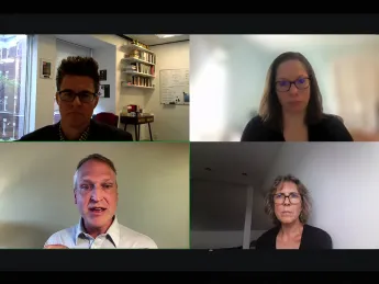 Four people in a video conference, three women and one man, each in a different setting.