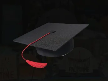 mortarboard atop semi-transparent protest photos 