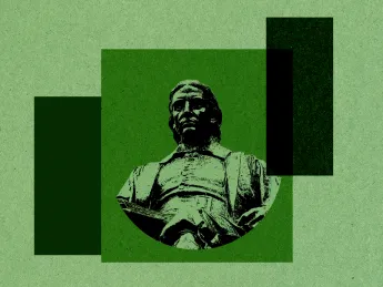 Illustration of John Harvard in the foreground with a green bar graph background