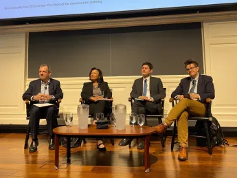 Provost John Manning, Radcliffe dean Tomiko Brown-Nagin, FAS senior adviser on civil discourse Eric Beerbohm, and HKS academic dean for faculty development Erica Chenoweth appear on a panel.