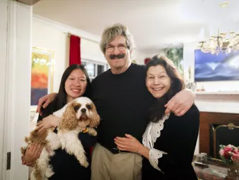Harvard University Professor Gary Ruvkun is jointly awarded the Nobel Prize in Medicine or Physiology. Victoria Ruvkun (from left) with dog Barnaby, Gary Ruvkun, and Natasha Staller are pictured the morning of the announcement at their home in Newton.