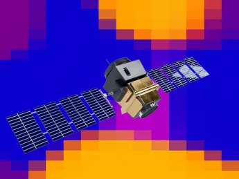 3d rendering of a satellite above an abstract heat map