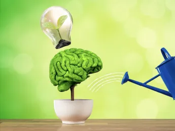 An image of a "brain" being watered, and an idea "coming out" or growing