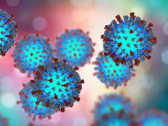 3D illustration showing structure of measles virus with surface glycoprotein spikes heamagglutinin-neuraminidase and fusion protein