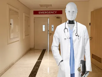 AI robot wearing a white doctor's coat in the hallway of a hospital emergency room