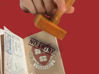  passport with a Harvard shield being stamped "No entry" 
