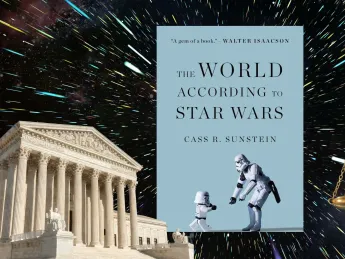 An image of a book cover of "The World According to Star Wars" by Cass R. Sunstein, set against the iconic first scene of Star Wars in space.