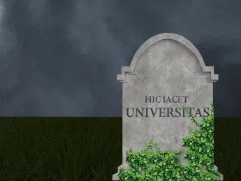 Headstone reading "Here Lies University" in Latin