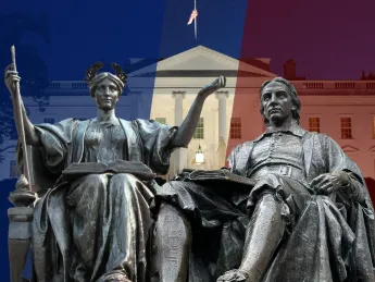 rendered portraits of the Alma Mater and John Harvard statues against the White House in the background