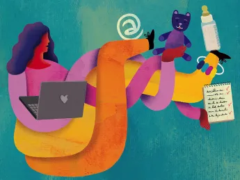 Colorful illustration of woman multitasking with laptop, baby bottle, toy, and checklist.