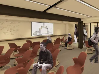 A new “smart" classroom on the lower level of Dunster House; in this schematic, a House floorplan is projected on the rear screen.