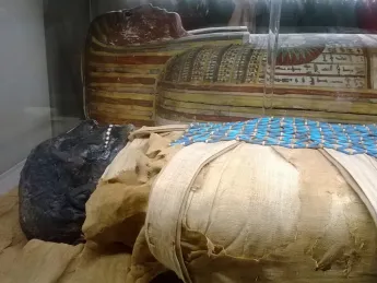 The mummy of Padihershef rests next to its coffin in the Massachusetts General Hospital's Ether Dome.