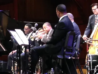 Wynton Marsalis (on trumpet) and his band perform at Sanders Theatre.