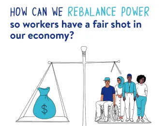 Chart showing a scale balancing workers on one side against a big bag of money on the other