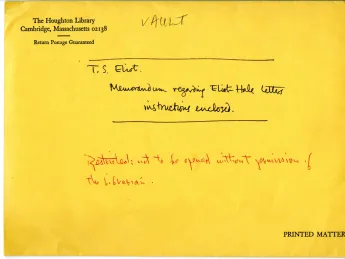 An official Houghton envelope with the words: "Memorandum regarding Eliot Hale letters, instructions enclosed."