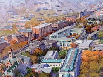 An aerial view of the proposed new building, looking northwest from a vantage point above the Science Center
