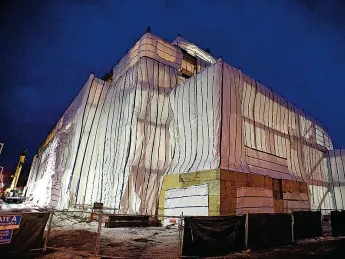 Midwinter work, under wraps, on the Law School’s Northwest Corner building