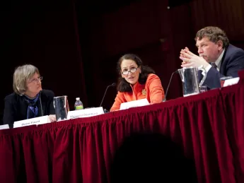 President Drew Faust moderates a February 22 discussion of the human genome map's impact in the 10 years since its first publication. Also shown are panelists Margaret Hamburg ’77, M.D. ’83, commissioner of the U.S. Food and Drug Administration, and Eric Lander, president and founding director of the Broad Institute of Harvard and MIT and professor of systems biology at Harvard Medical School.