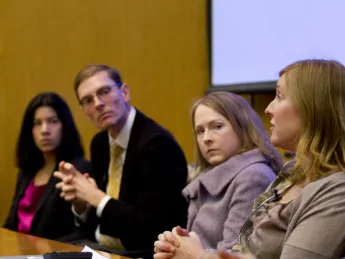 Led by professor of history Maya Jasanoff (from left), Harvard faculty Martin Puchner, Ann Pearson, Hopi Hoekstra, and David Charbonneau participate in Conversations @ FAS, a panel discussion that imagines how current trends may transform the way Harvard faculty teach and carry out their research in the future. The discussion was held in the Tsai Auditorium of CGIS South at Harvard University.