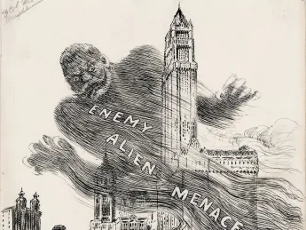The “Enemy Alien Menace” looms over lower Manhattan: The <i>New York Herald,</i> March 28, 1918; cartoon by W.A. Rogers