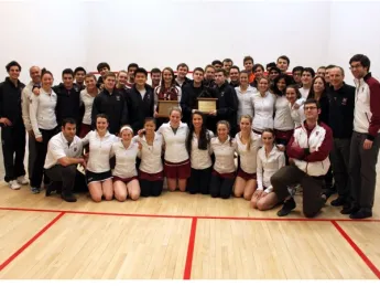 Men's squash captured the national championship against Trinity College at the season-ending tournament of the College Squash Association. The women (pictured above) will vie to repeat as national champs next weekend at Princeton’s Jadwin Squash Courts.