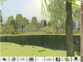 Graduate School of Education professors Tina Grotzer and Christopher Dede have designed virtual realities, such as the pond above, for students to explore as scientists: for example, by collecting data along the shoreline or underwater, via submarine.