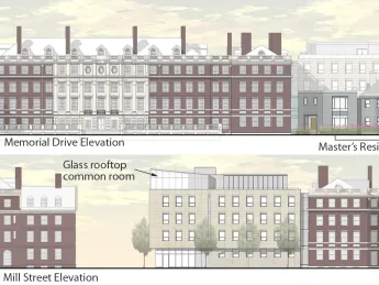 The renovation of Winthrop House includes plans for a five-story addition to Gore Hall at Plympton and Mill streets.