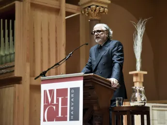 Homi Bhaba, conference organizer and director of the Mahindra Humanities Center, led off the symposium at the First Church in Cambridge on February 12.