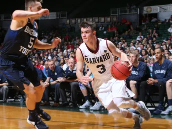 Tommy McCarthy ’19 (shown here in earlier action against Brigham Young) led Harvard with 21 points on Saturday against Cornell, none more important than the game-winning basket with six seconds remaining.