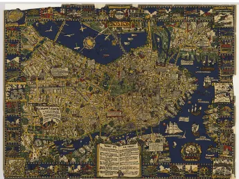 A bright and colorful historical map of Boston with details of streets, buildings, and green spaces